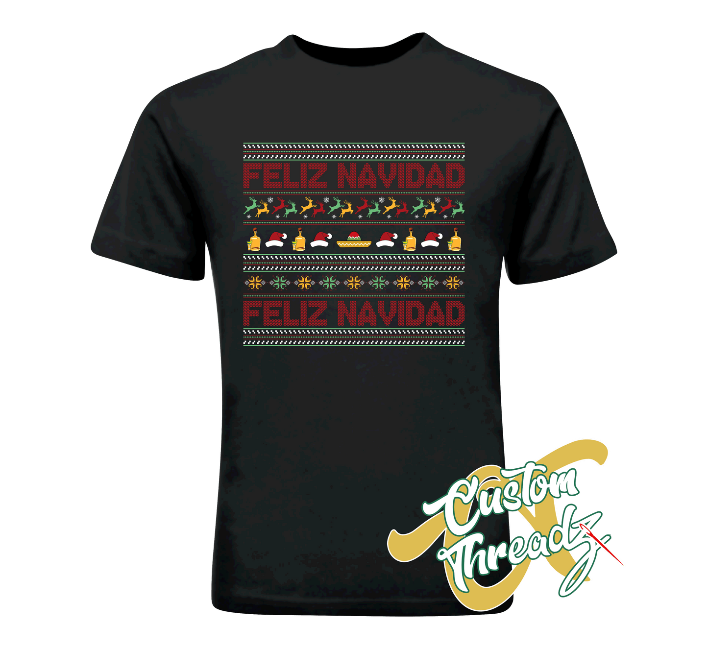 black youth tee with  feliz navidad christmas sweater style DTG printed design