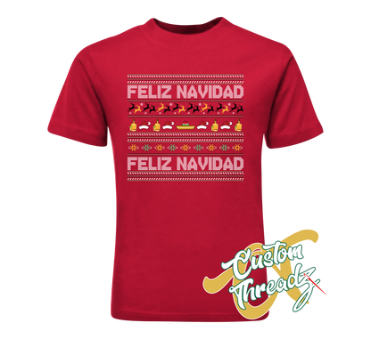 red youth tee with feliz navidad christmas sweater style DTG printed design