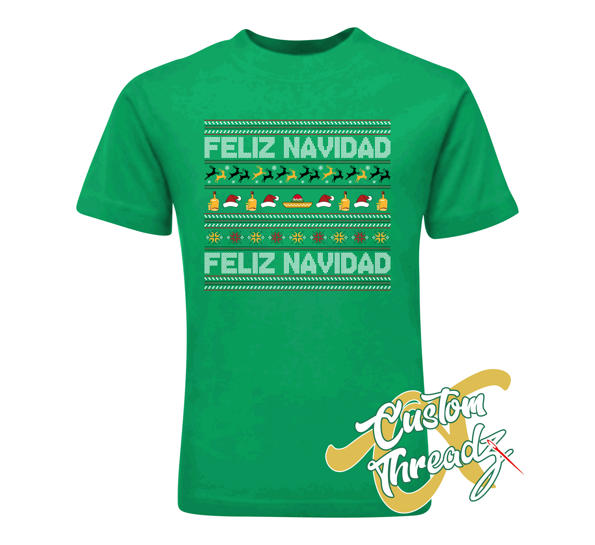 green youth tee with feliz navidad christmas sweater style DTG printed design
