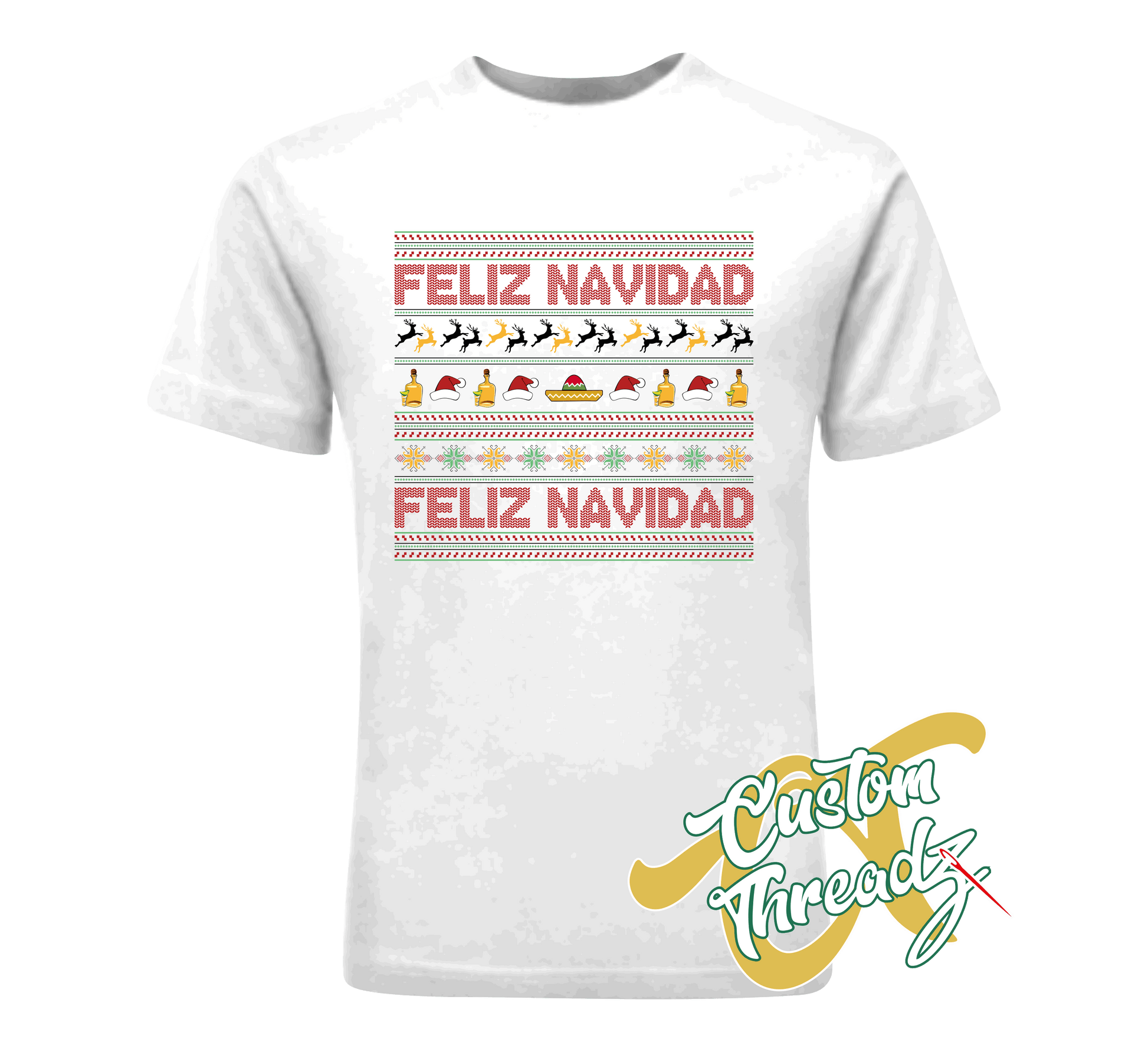 white t-shirt with feliz navidad christmas DTG printed design