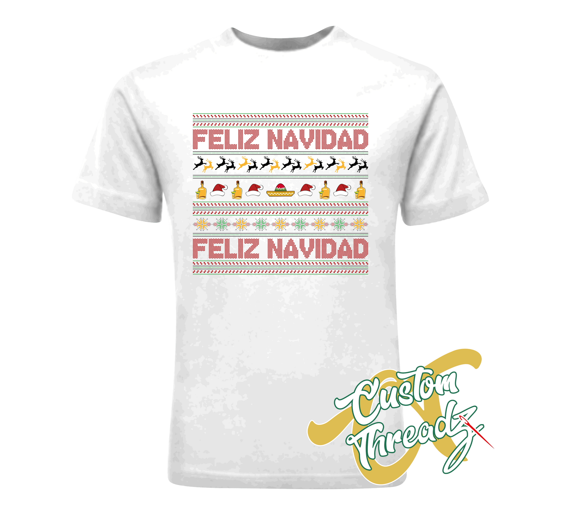 white youth tee with feliz navidad christmas sweater style DTG printed design