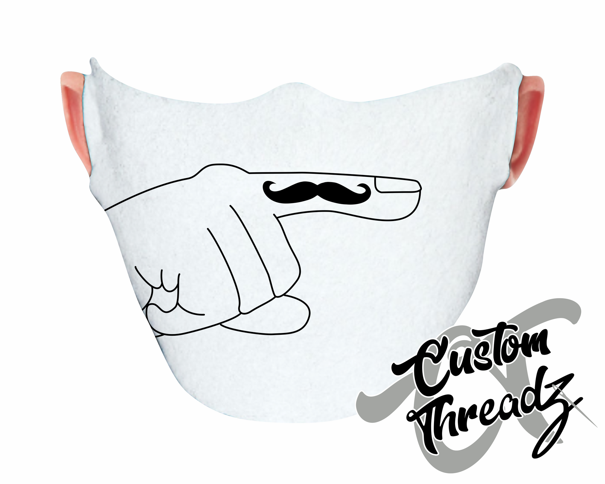 white face mask with a left finger mustache DTG printed design