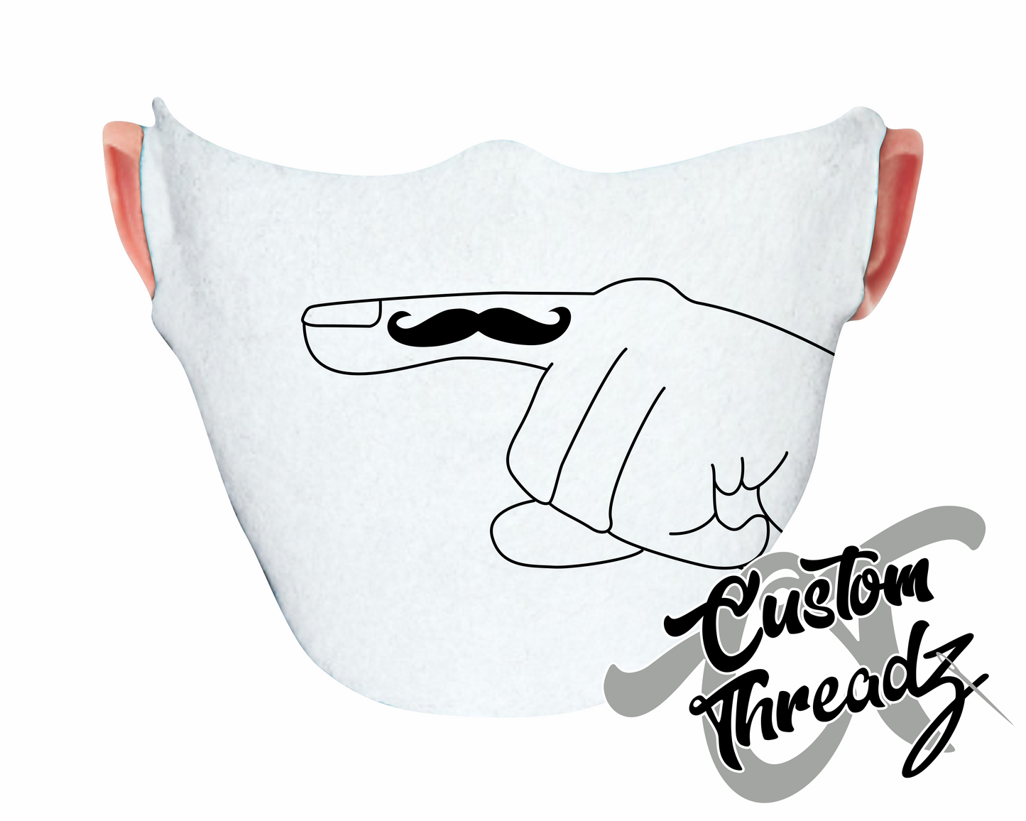 white face mask with a right finger mustache DTG printed design