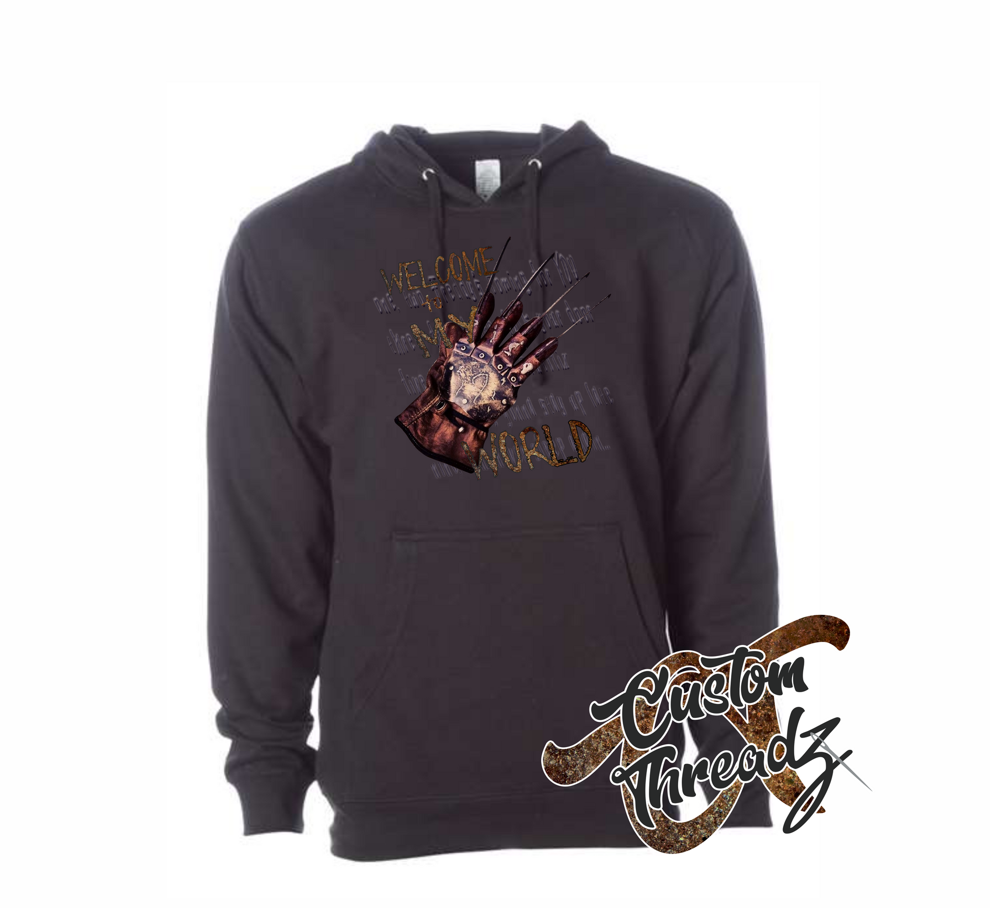 black hoodie with freddy elm street DTG printed design
