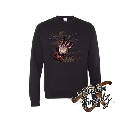 black crewneck sweatshirt with freddy elm street DTG printed design