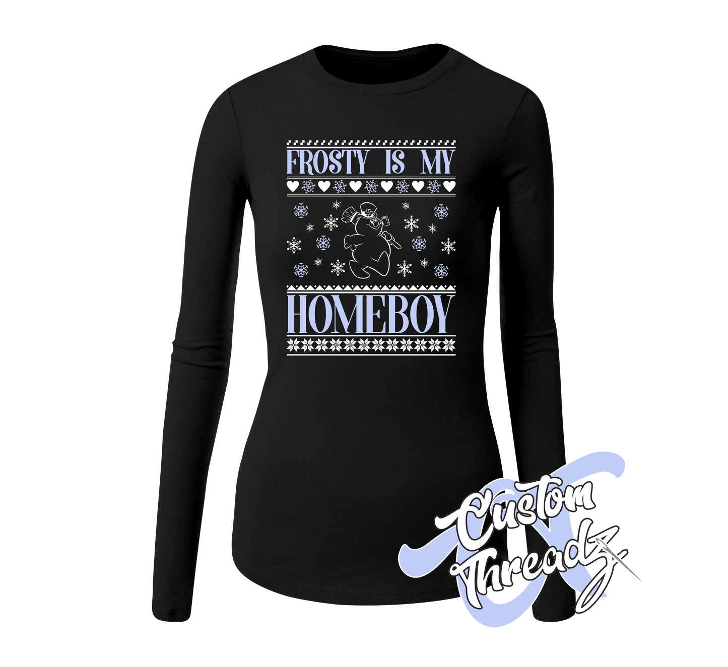 black womens long sleeve tee with frosty is my homeboy snowman christmas sweater style DTG printed design