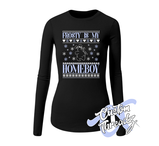 black womens long sleeve tee with frosty is my homeboy snowman christmas sweater style DTG printed design