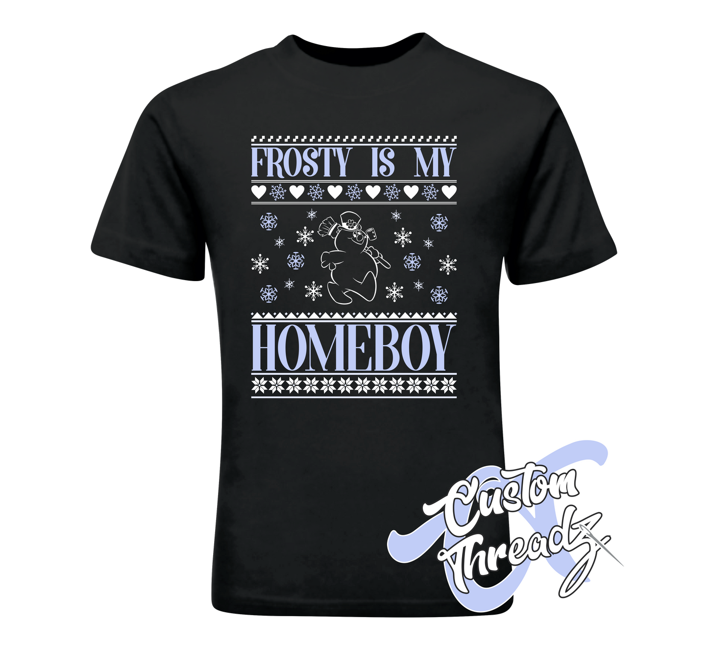 black youth tee with frosty is my homeboy snowman christmas sweater style DTG printed design