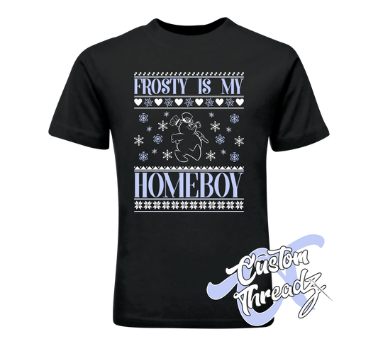 black youth tee with frosty is my homeboy snowman christmas sweater style DTG printed design