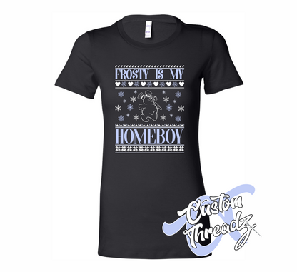 black womens tee with frosty is my homeboy snowman christmas sweater style DTG printed design