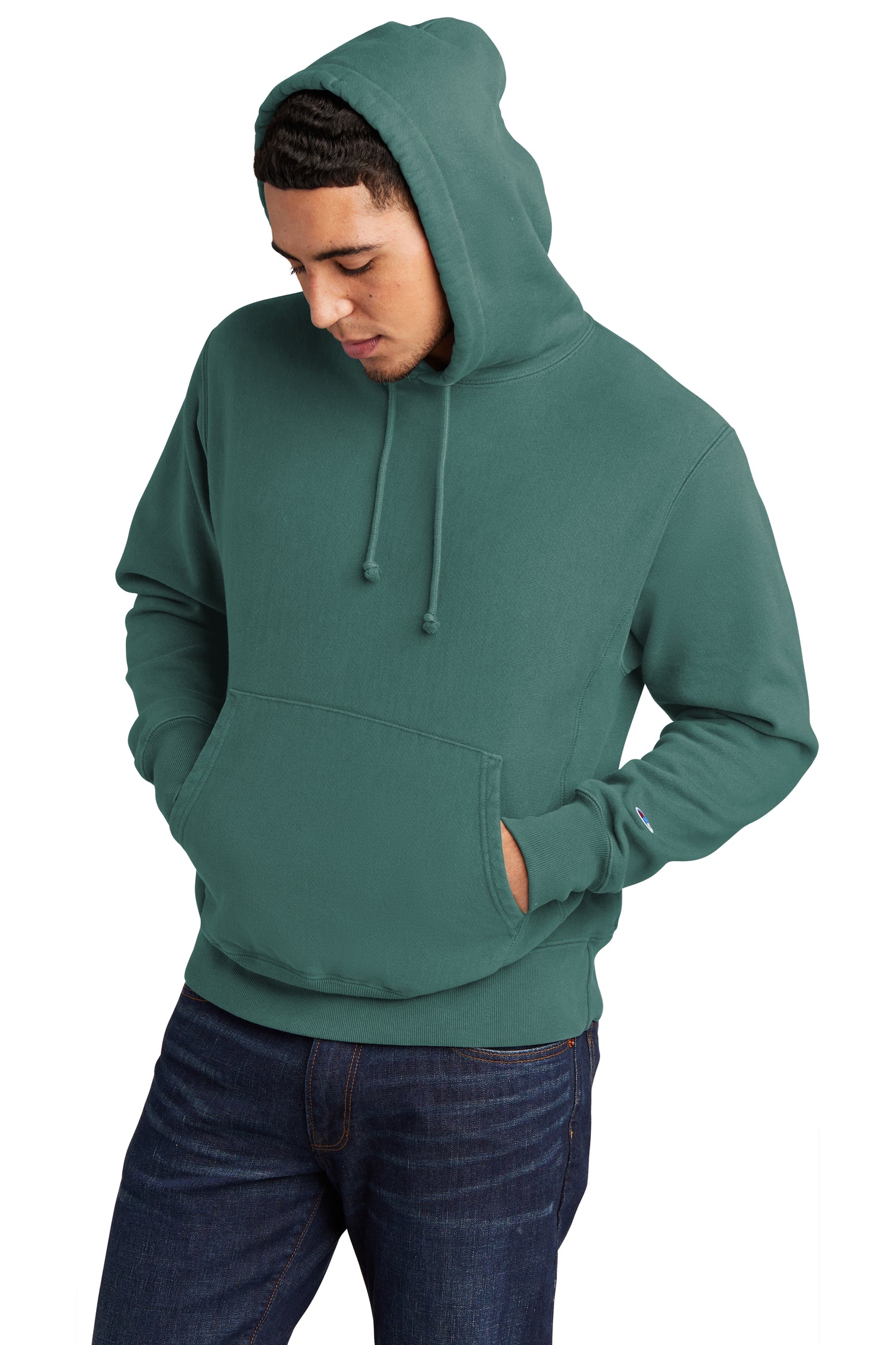 male model wearing champion adult garment dyed hoodie in cactus