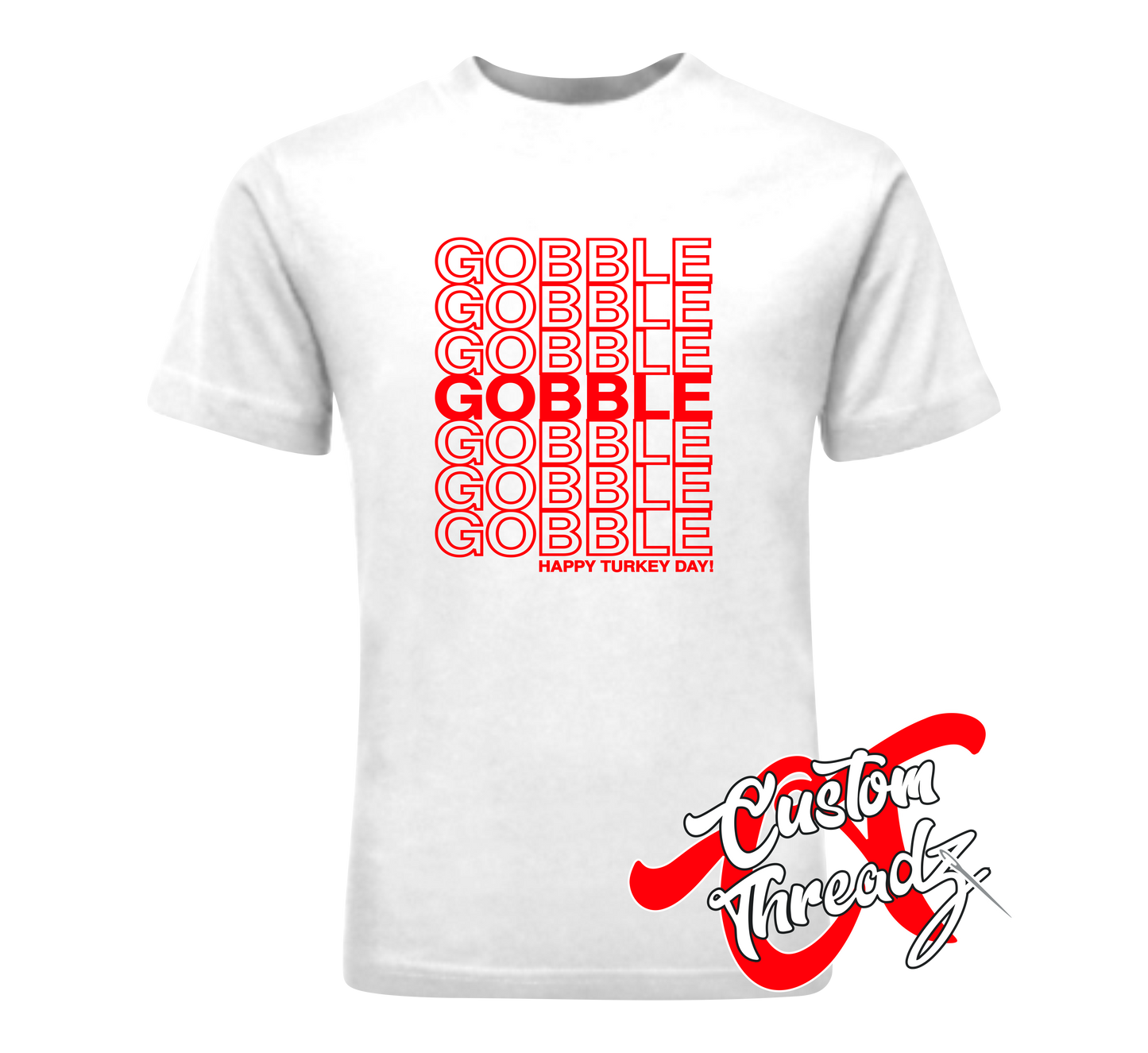 white tee with gobble gobble thanksgiving DTG printed design
