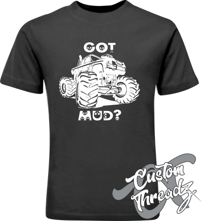 black youth tee with got mud monster truck DTG printed design