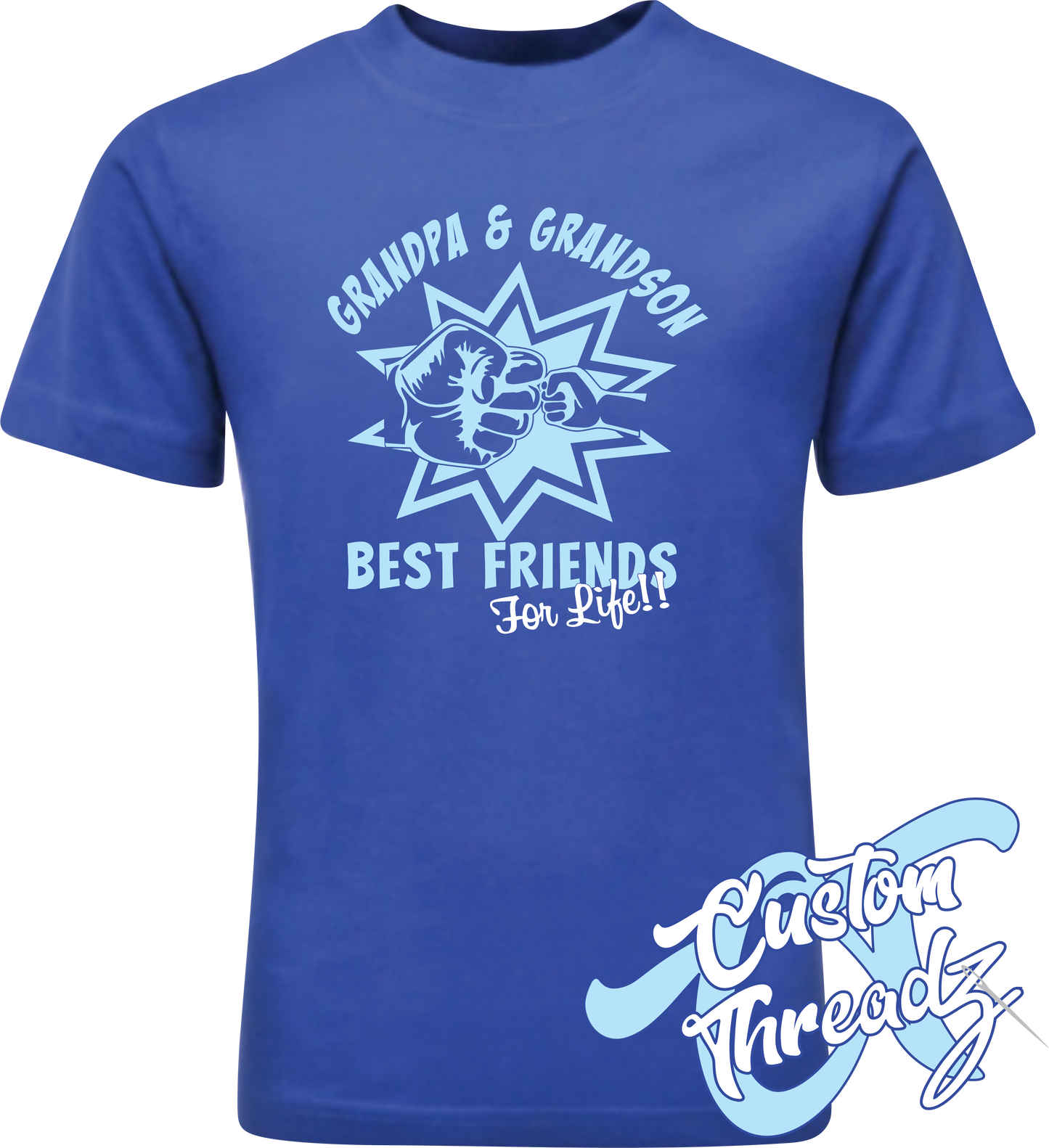 royal blue tee with grandpa and grandson best friends fist pound DTG printed design