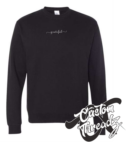 black crewneck sweatshirt with grateful DTG printed design