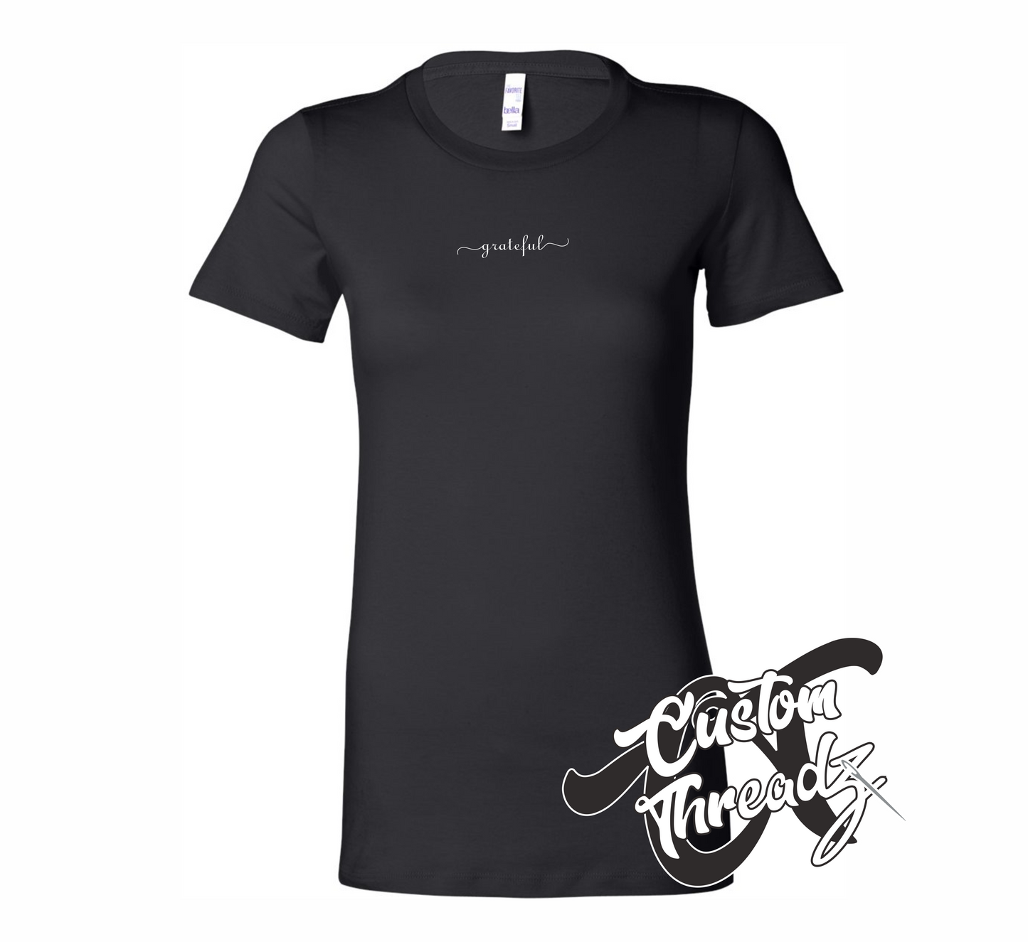 womens black tee with grateful script thanksgiving DTG printed design