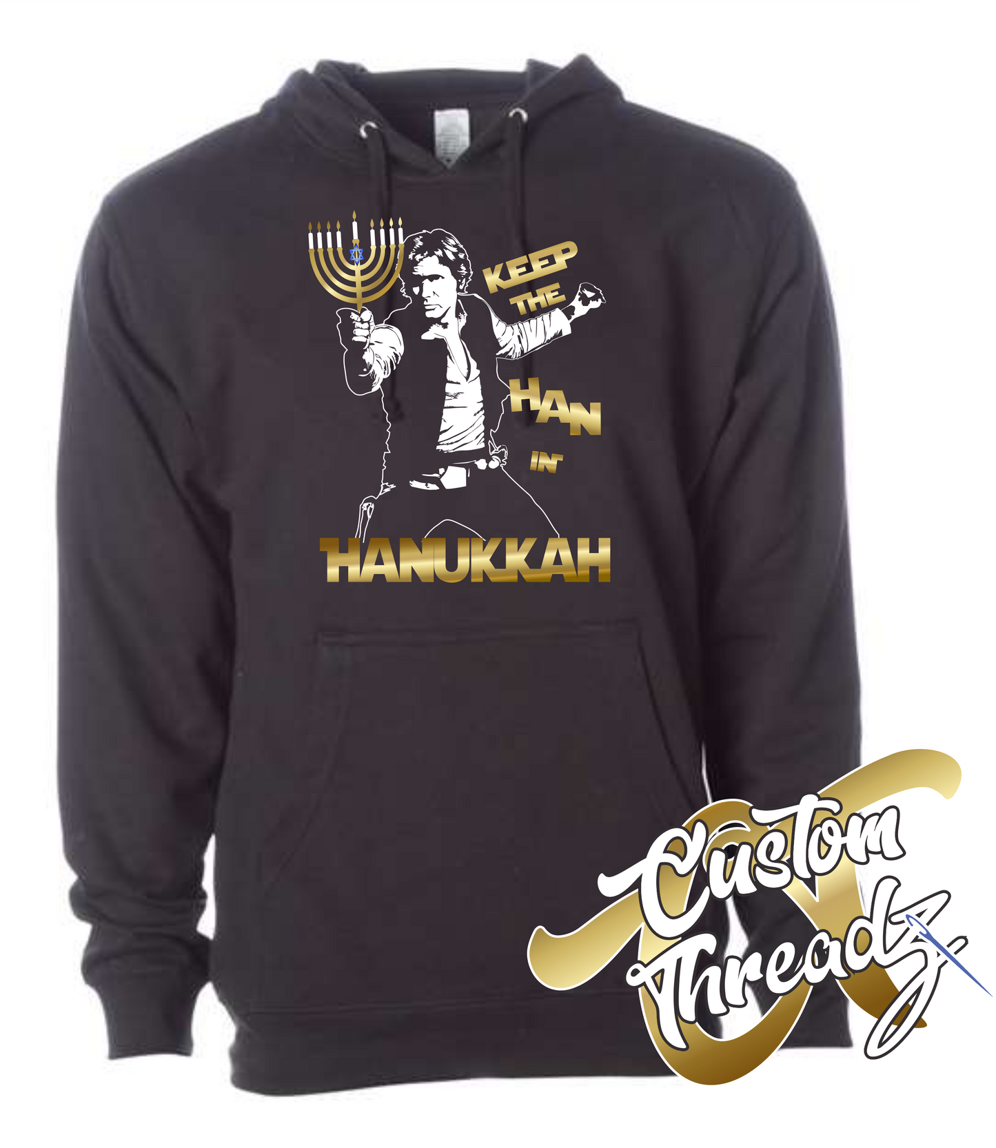 black hoodie hanukkah keep the han in hanukkah DTG printed design