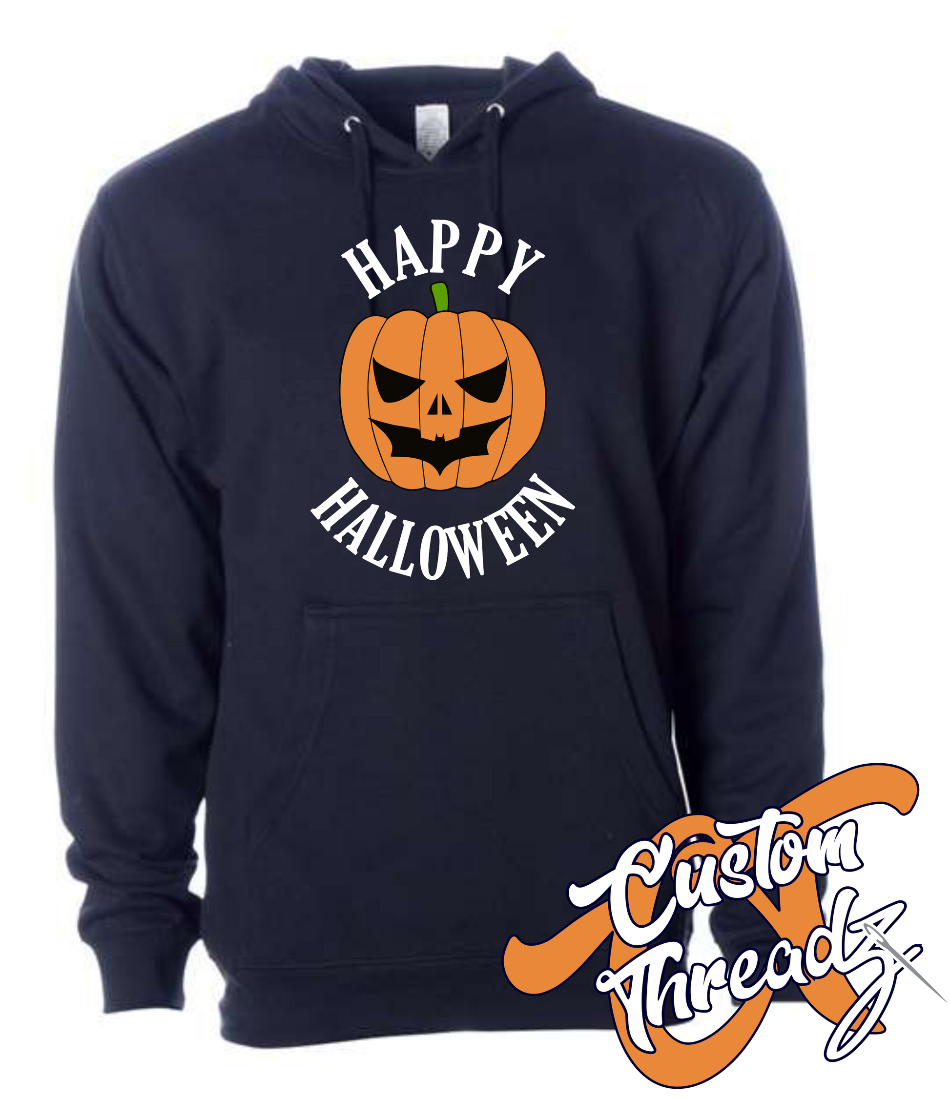 navy hoodie with happy halloween DTG printed design