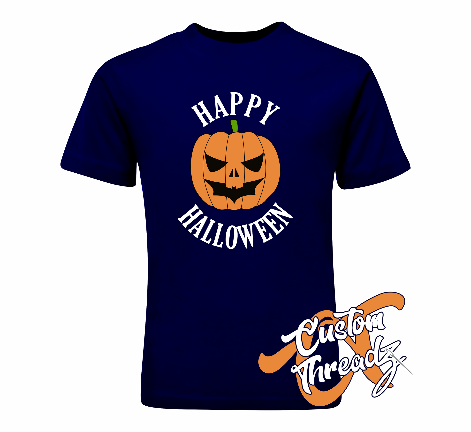 navy tee with happy halloween DTG printed design