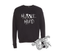 black crewneck sweatshirt with hussle hard nipsey hussle DTG printed design
