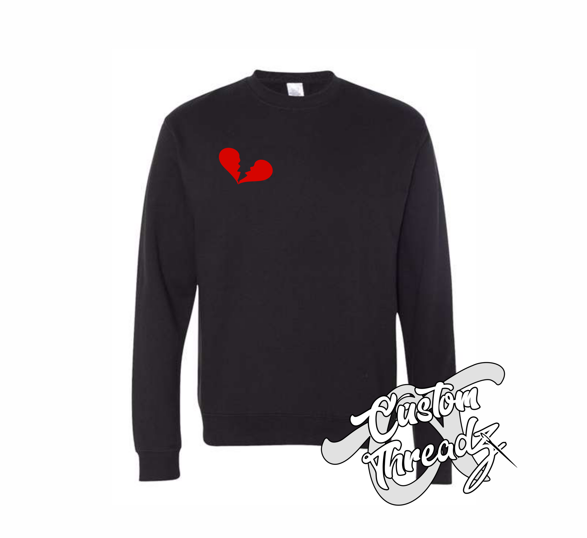black crewneck sweatshirt with broken heart heartbreaker DTG printed design