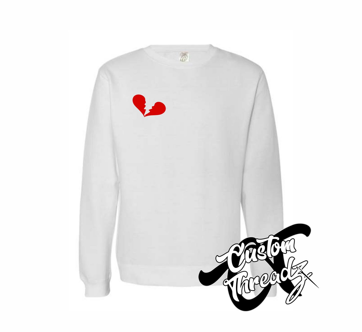 white crewneck sweatshirt with broken heart heartbreaker DTG printed design