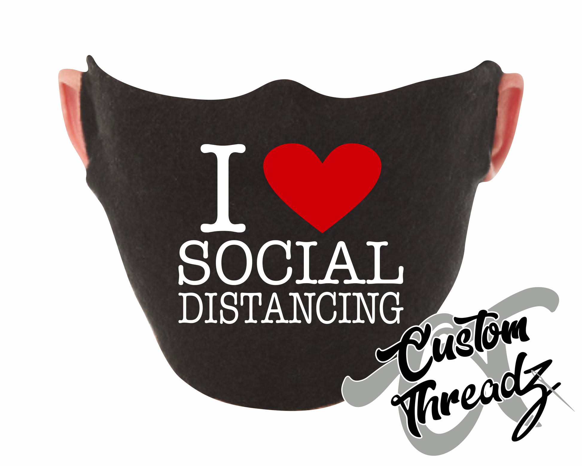 black face mask with i heart social distancing DTG printed design