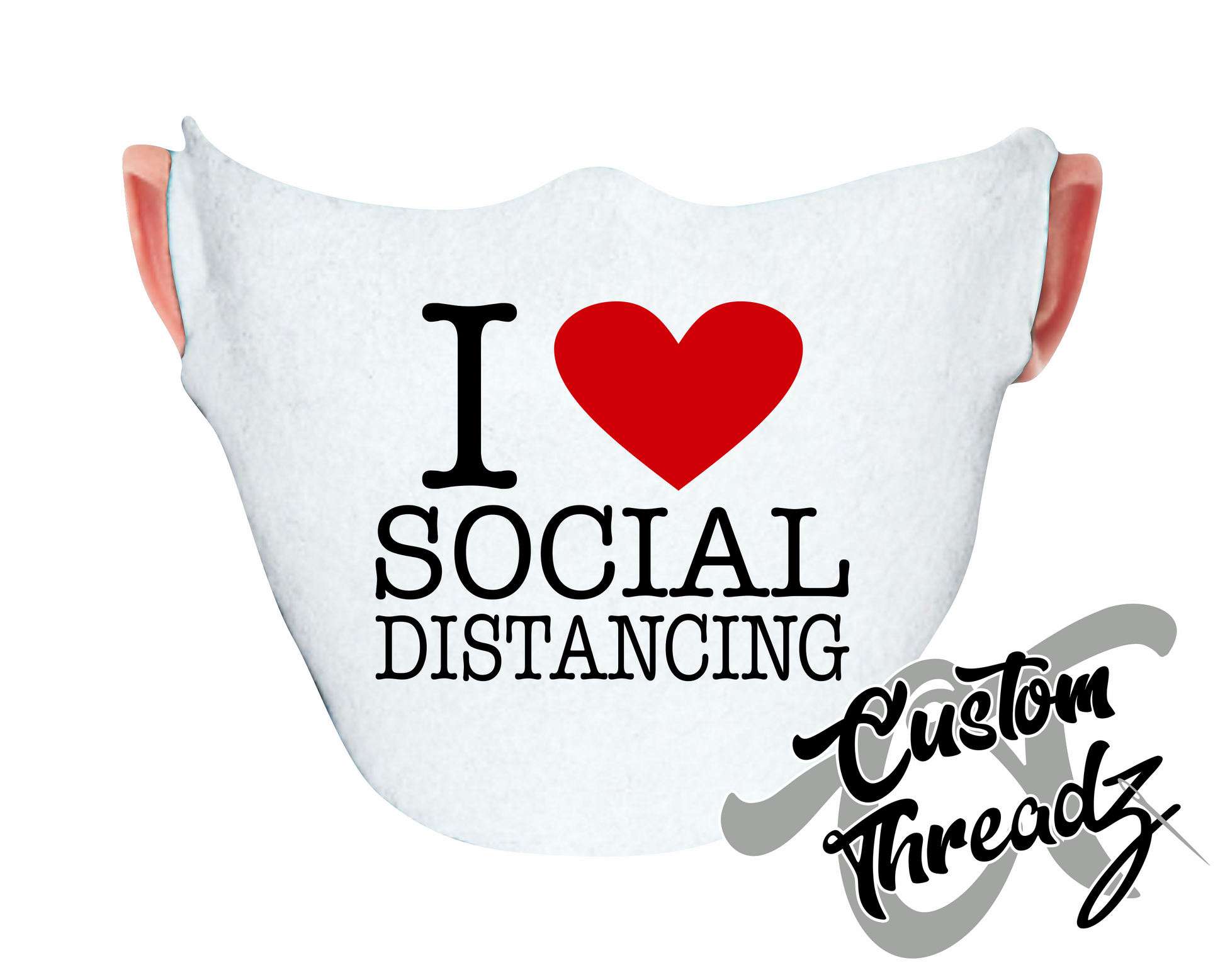 white face mask with i heart social distancing DTG printed design