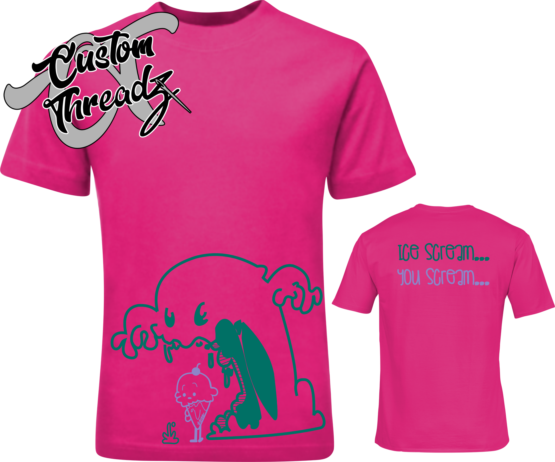 pink tee with ice cream you scream ice cream monster DTG printed design