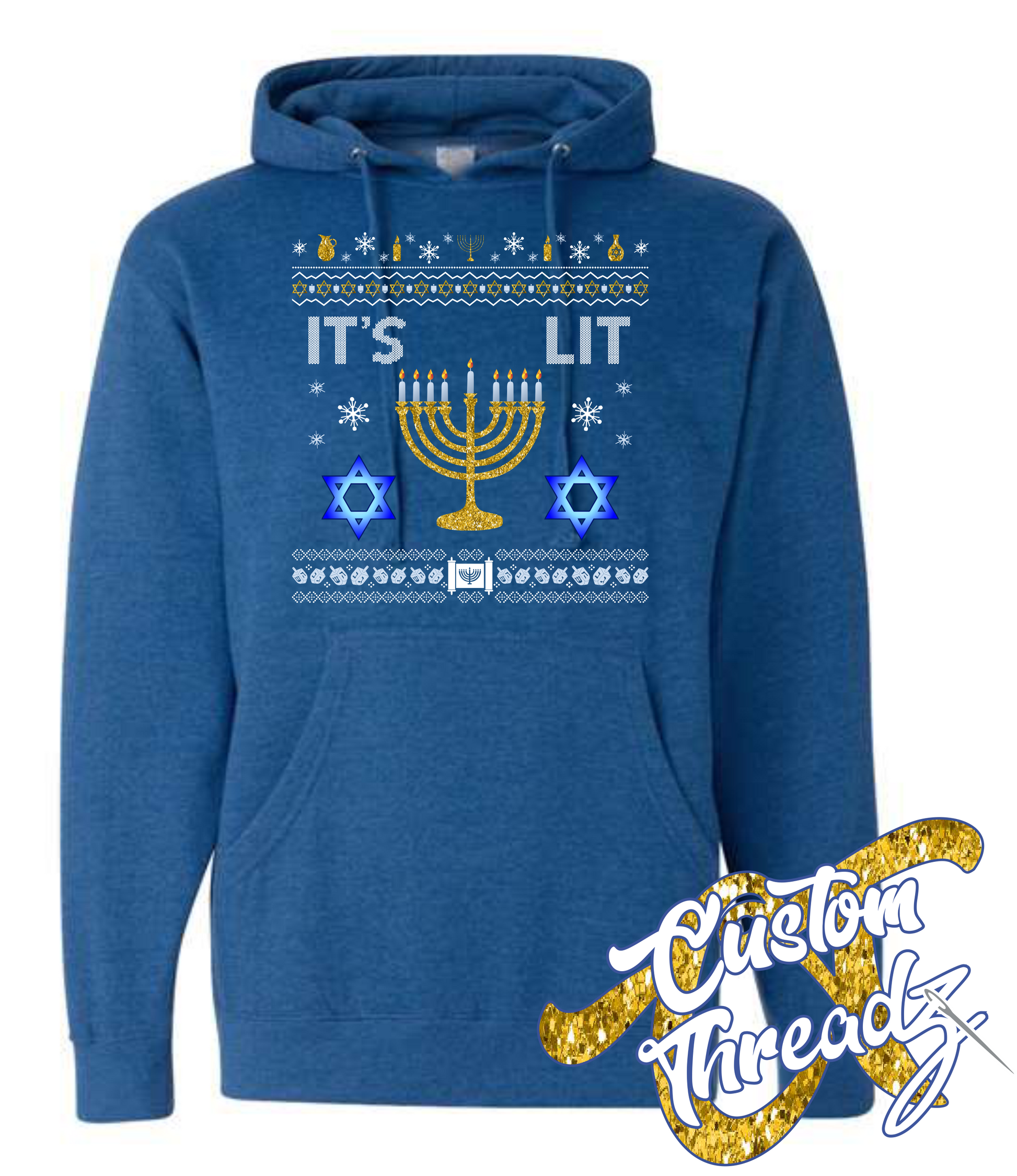 royal heather hoodie with hanukkah its lit DTG printed design