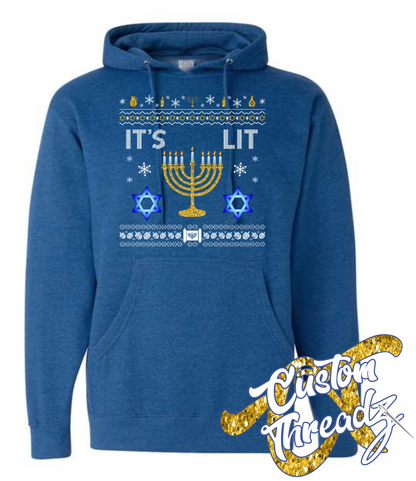 royal heather hoodie with hanukkah its lit DTG printed design