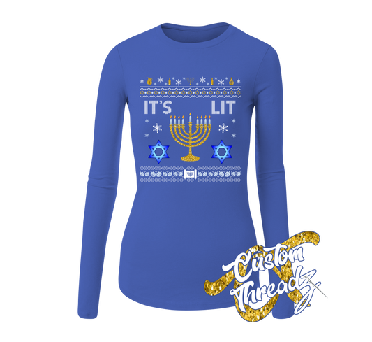 royal blue womens long sleeve tee with its lit hanukkah christmas sweater style DTG printed design