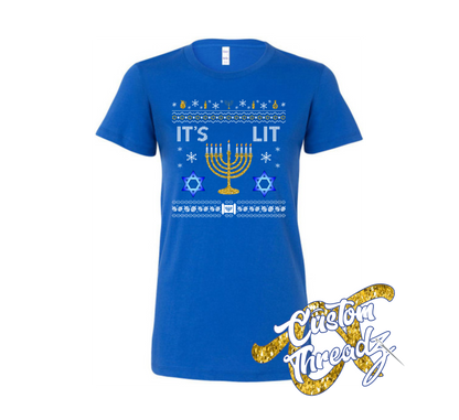 royal blue womens tee with its lit hanukkah christmas sweater style DTG printed design