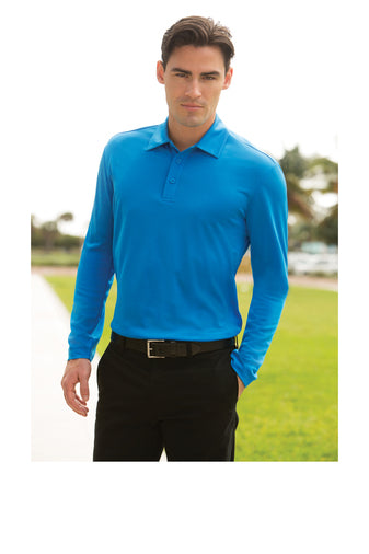 male model wearing port authority silk touch long sleeve polo in brilliant blue