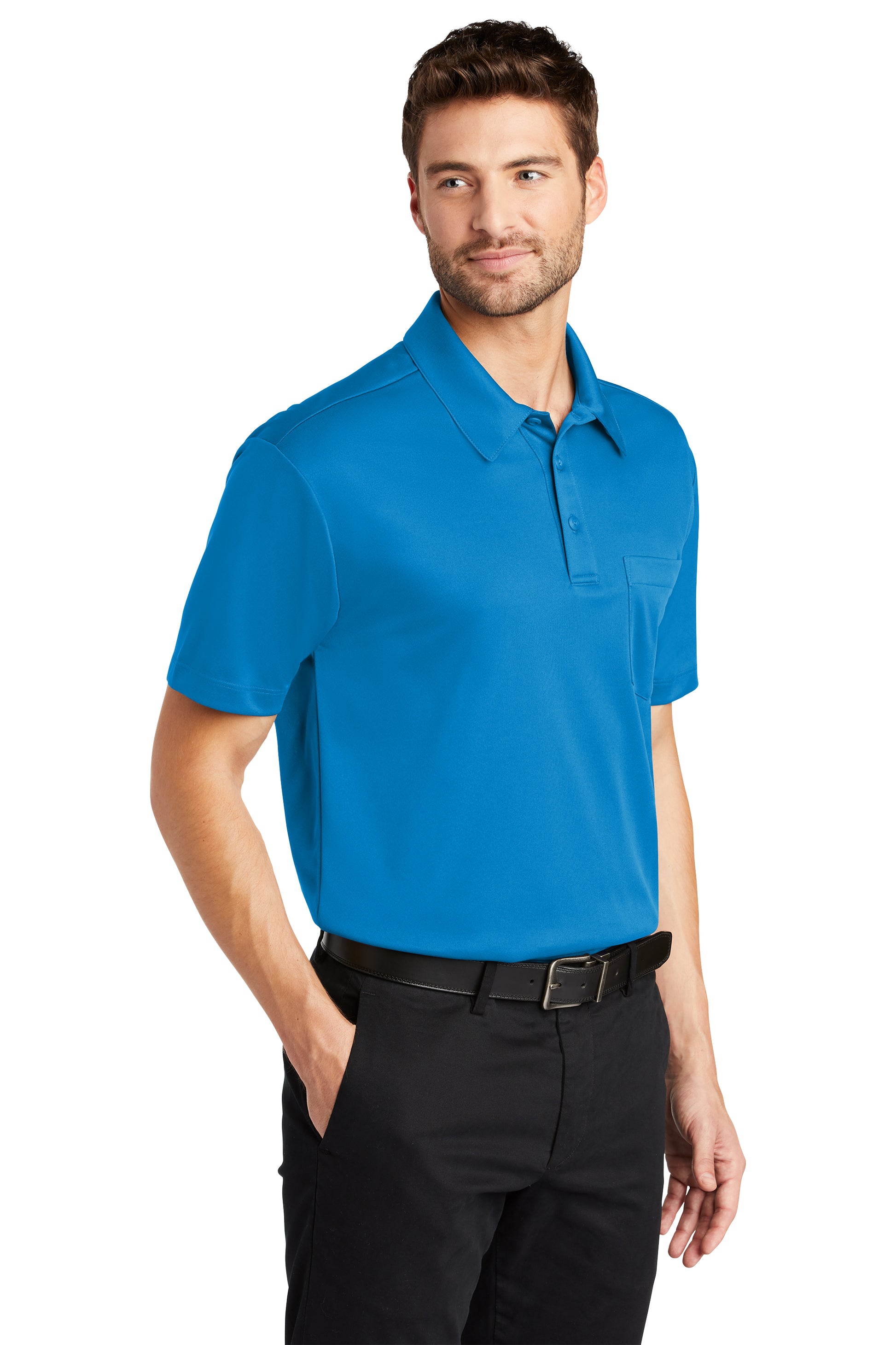male model in port authority silk touch pocket polo in brilliant blue