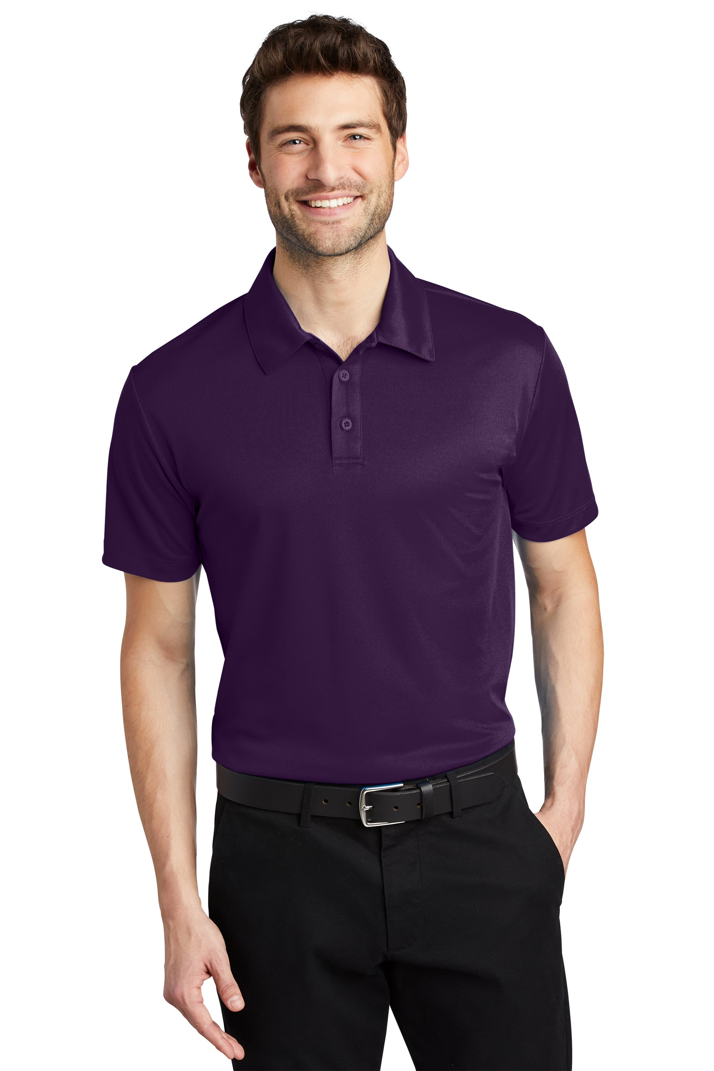 smiling male model wearing port authority silk touch polo in bright purple