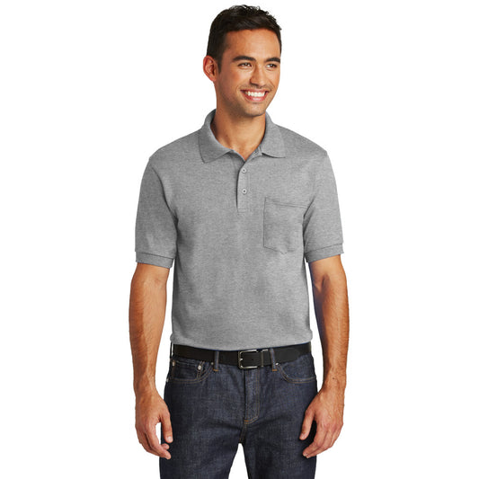 male model wearing port & company knit pocket polo in athletic heather