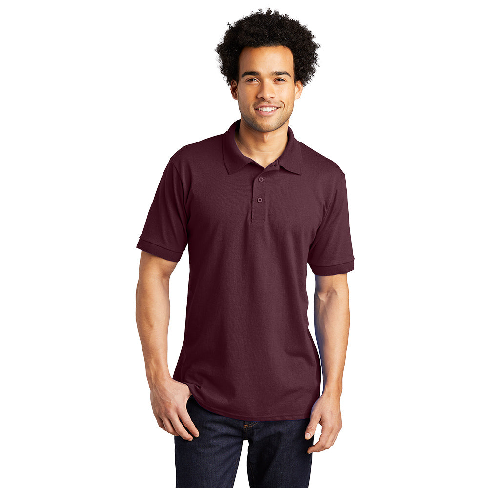 male model wearing port & company tall knit polo in athletic maroon