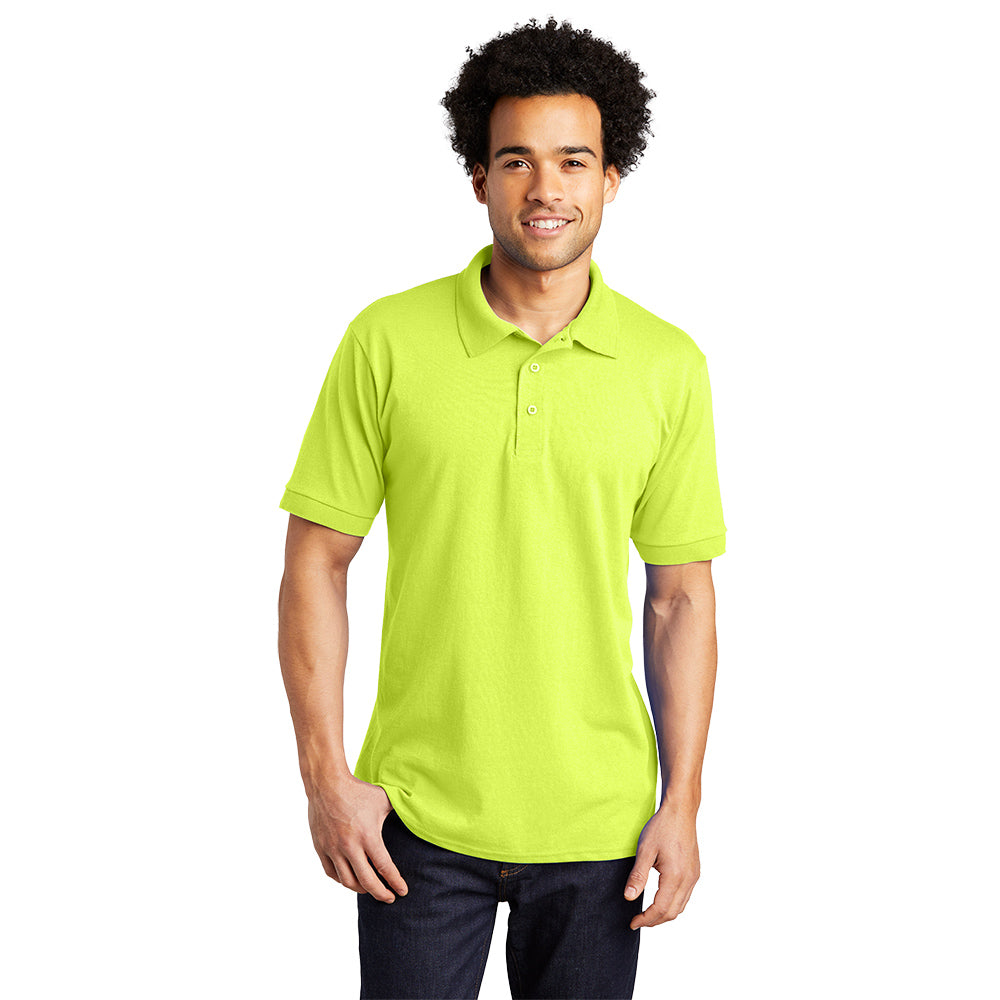 male model wearing port & company tall knit polo in safety green