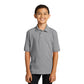 smiling child model wearing port & company youth knit polo in athletic heather