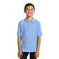 smiling child model wearing port & company youth knit polo in light blue