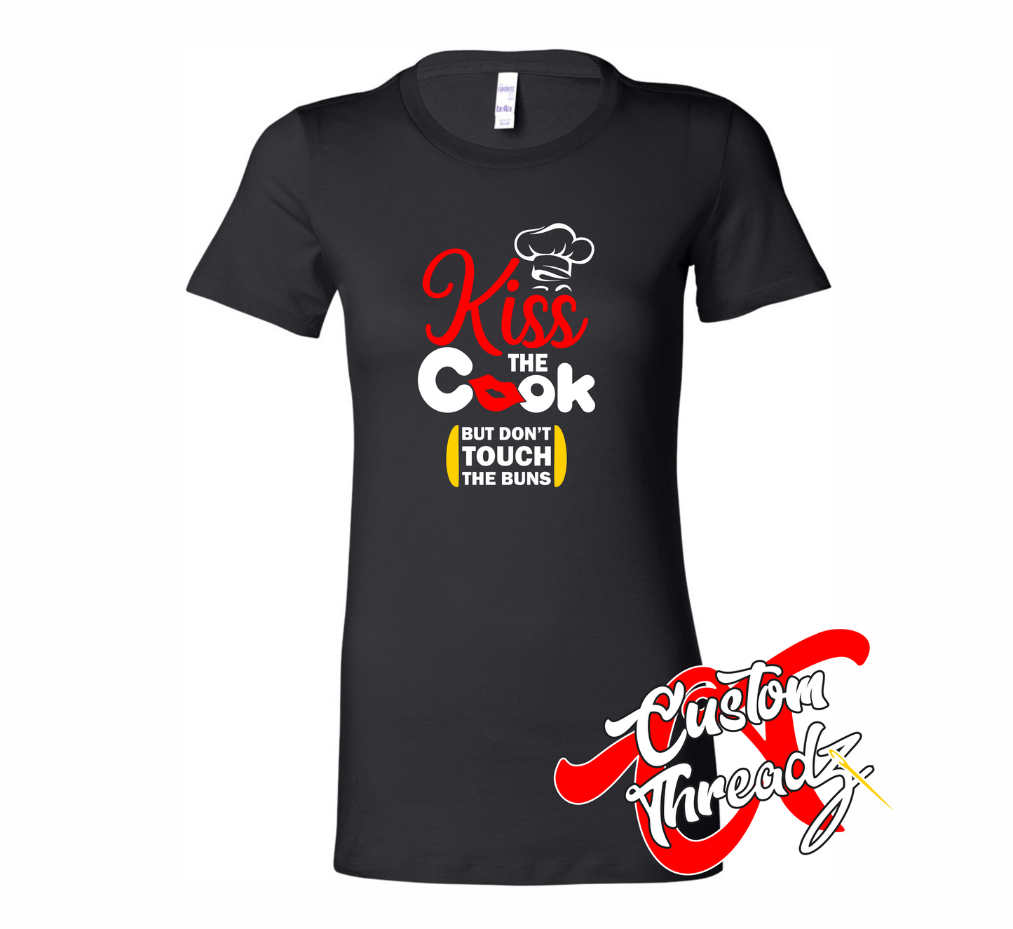 black womens tee with kiss the cook but dont touch the buns DTG printed design