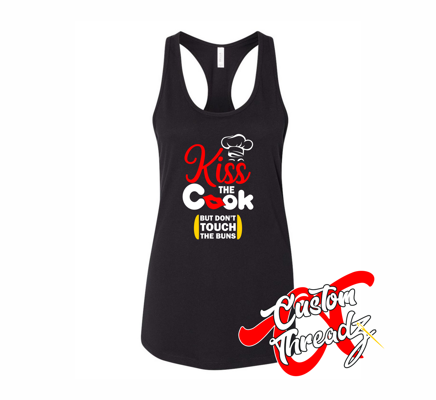 womens black tank top with kiss the cook but dont touch the buns DTG printed design