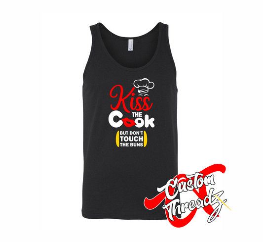black tank top with kiss the cook DTG printed design
