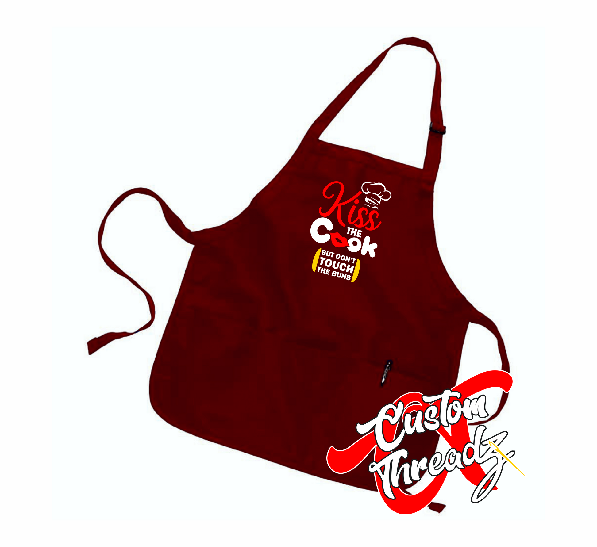 maroon apron with kiss the cook DTG printed design