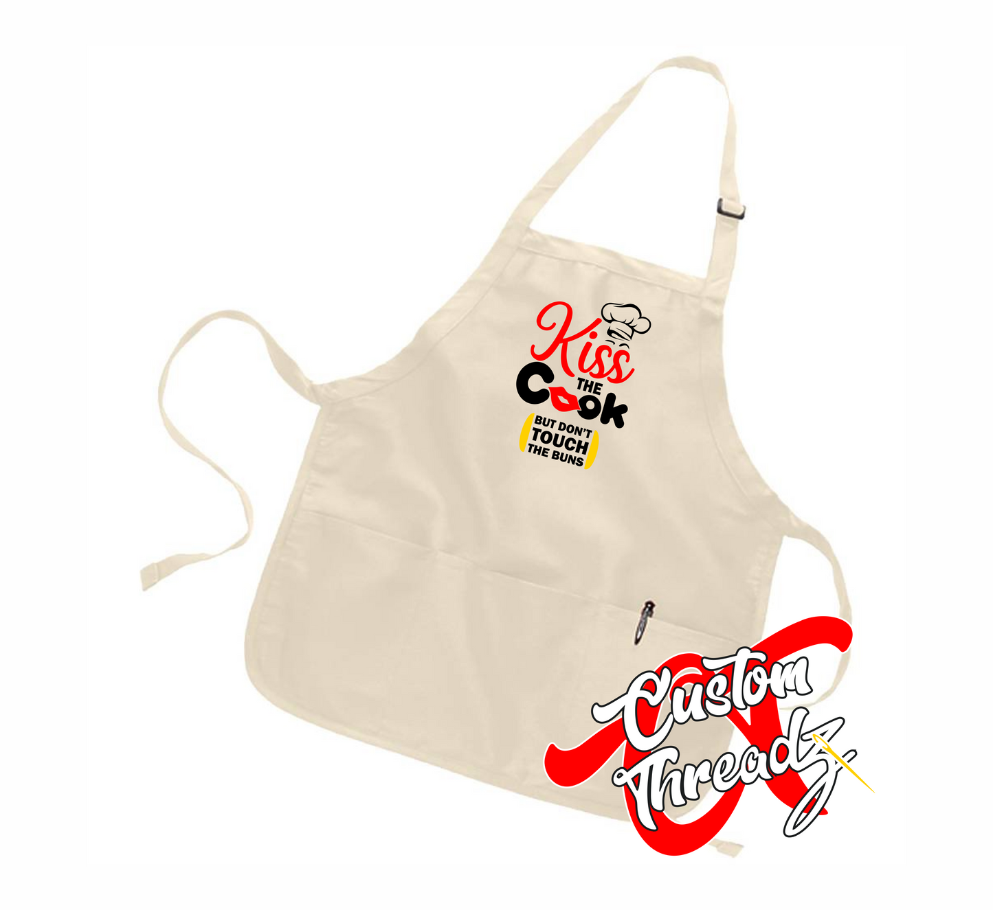 natural apron with kiss the cook DTG printed design