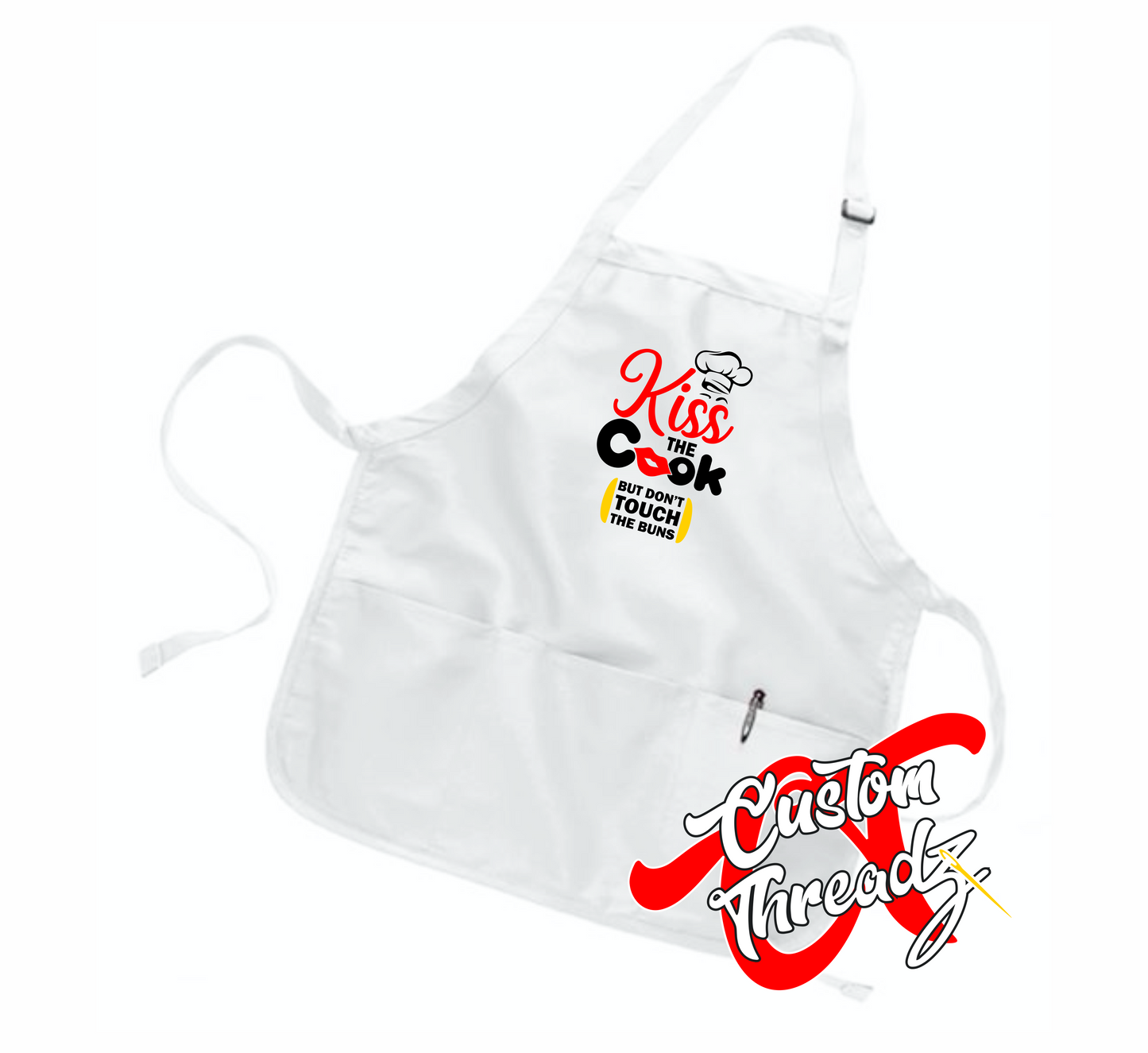 white apron with kiss the cook DTG printed design
