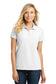 smiling model wearing port authority womens classic pique polo in white