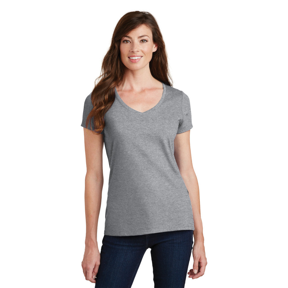 smiling model wearing port & company womens fan favorite v-neck tee in athletic heather