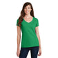 smiling model wearing port & company womens fan favorite v-neck tee in athletic kelly